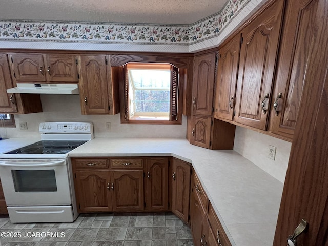 2362 County Road 4032, Holts Summit, MO 65043 - kitchen featuring white electric stove, built in desk, and a textured ceiling