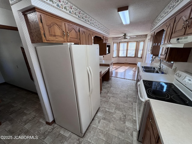 2362 County Road 4032, Holts Summit, MO 65043 - kitchen with sink, white appliances, a textured ceiling, and ceiling fan