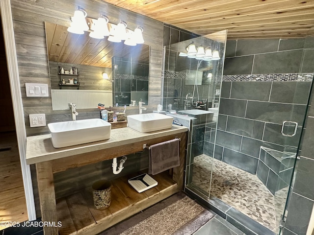 11 Copperhead Rd, Eldon, MO 65026 - bathroom with wood ceiling, a shower stall, and double vanity