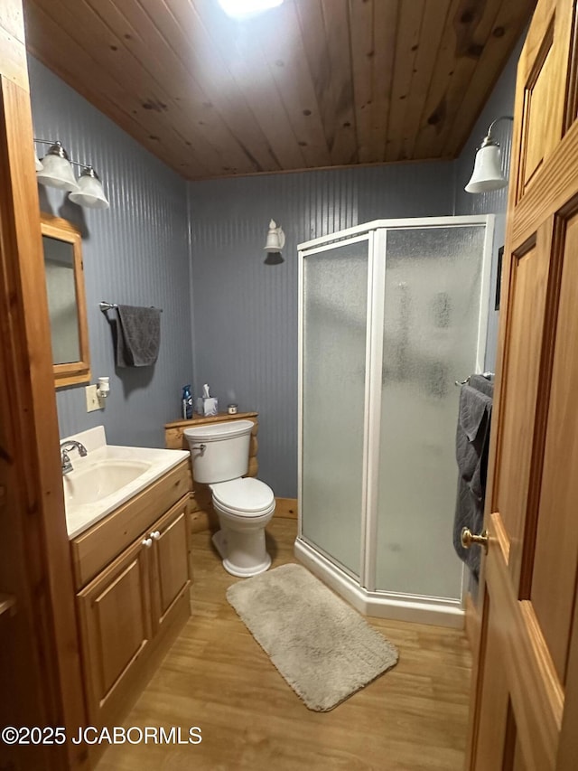11 Copperhead Rd, Eldon, MO 65026 - full bathroom featuring wood finished floors, vanity, a stall shower, and wood ceiling