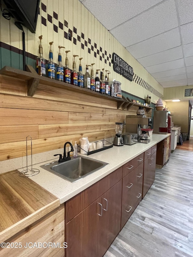 106 S Main St, Chamois, MO 65024 - bar area with a sink, light wood-type flooring, a paneled ceiling, and wooden walls