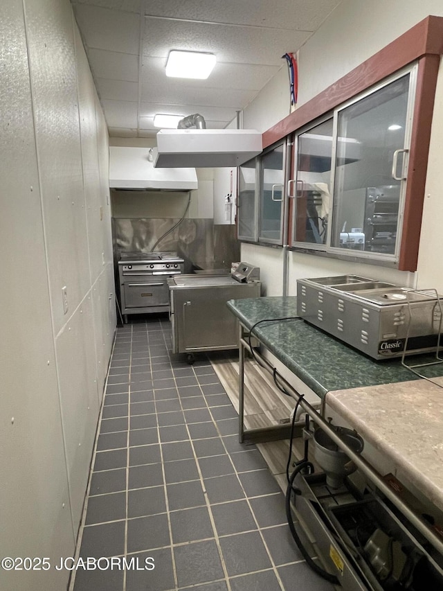 106 S Main St, Chamois, MO 65024 - kitchen featuring under cabinet range hood, a paneled ceiling, and dark tile patterned flooring