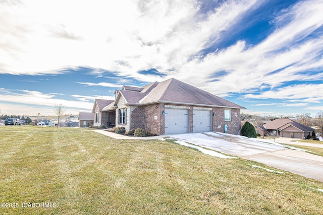 view of property exterior with a garage and a lawn