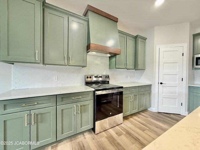 5519 Kenview Dr, Jefferson City, MO 65109 - kitchen with premium range hood, green cabinetry, and stainless steel appliances