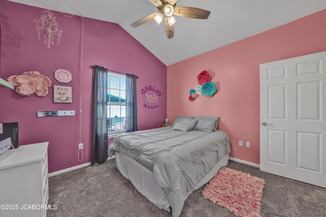 carpeted bedroom featuring ceiling fan, baseboards, and lofted ceiling