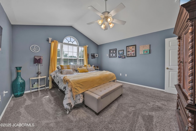 carpeted bedroom featuring baseboards, ceiling fan, and vaulted ceiling