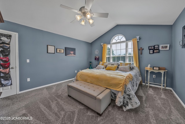 carpeted bedroom with a ceiling fan, baseboards, and vaulted ceiling