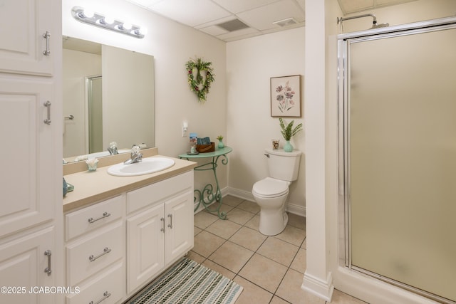 bathroom with tile patterned floors, visible vents, toilet, a stall shower, and vanity