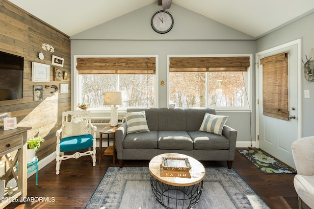 living room with wooden walls, wood finished floors, and vaulted ceiling