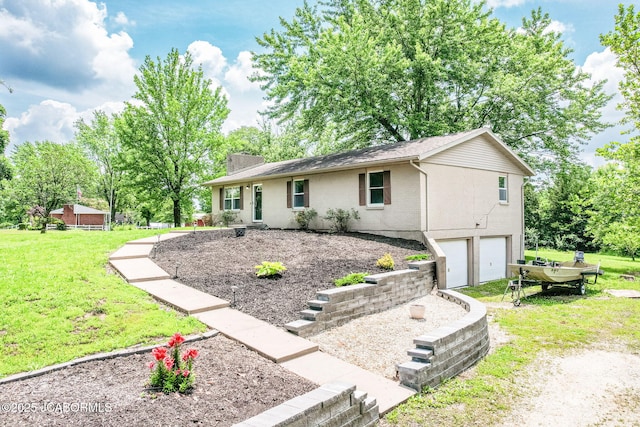 362 Vanhorn Rd, Holts Summit, MO 65043 - ranch-style home featuring a garage, a front lawn, brick siding, and a chimney