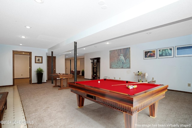 recreation room with carpet floors and billiards