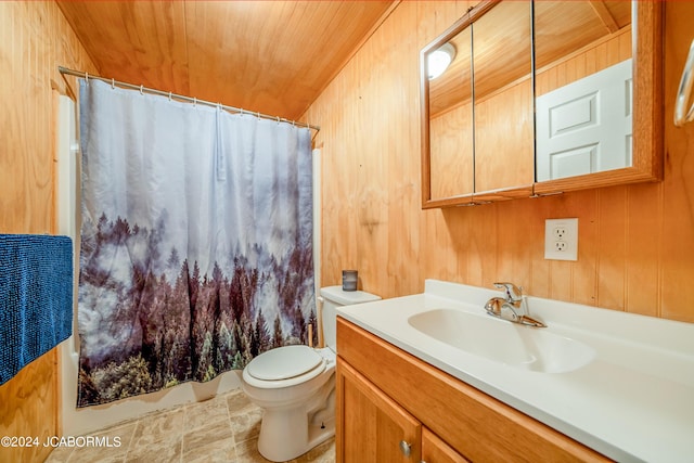 full bathroom featuring vanity, wooden ceiling, wooden walls, vaulted ceiling, and toilet