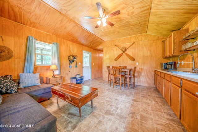 living room featuring wooden walls and sink