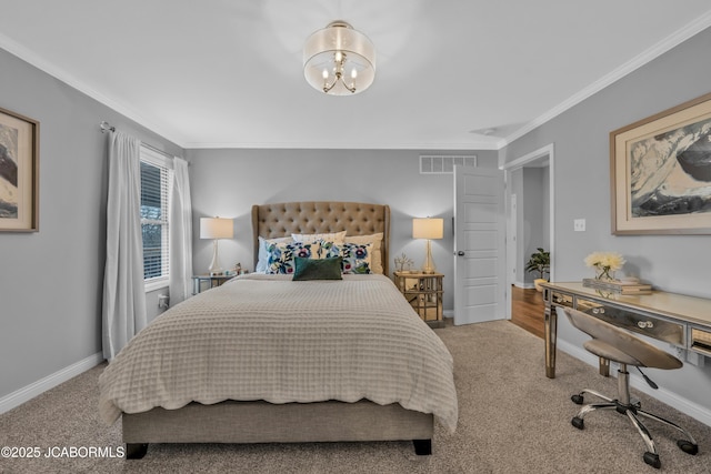 bedroom with crown molding, light colored carpet, and an inviting chandelier