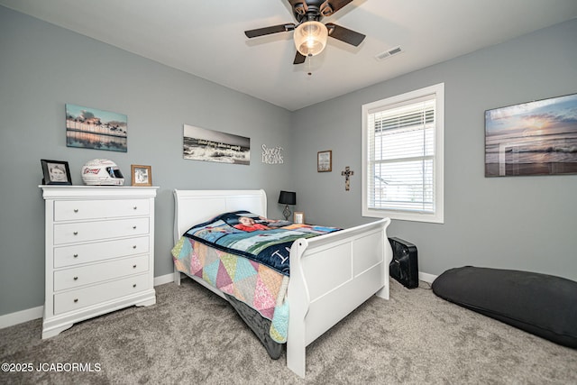 carpeted bedroom with ceiling fan