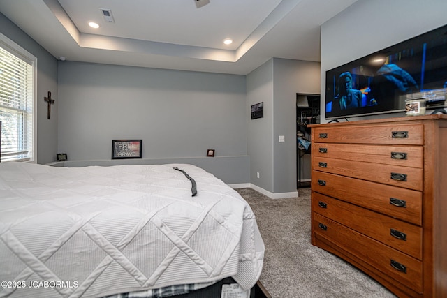 carpeted bedroom with a raised ceiling