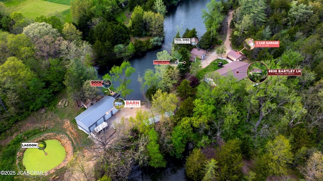 bird's eye view with a water view