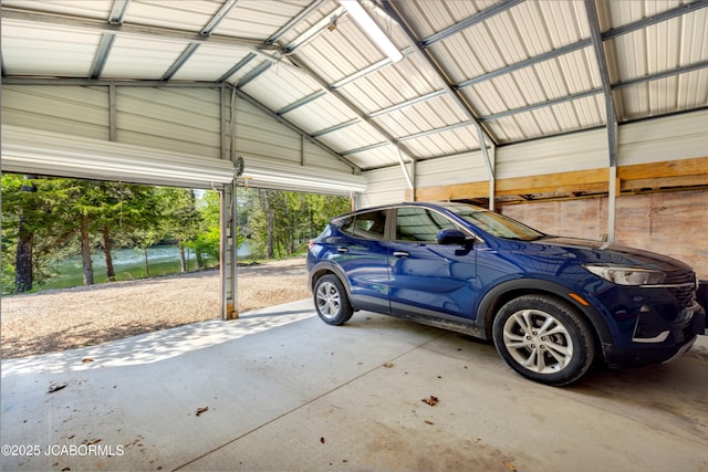 garage featuring a water view