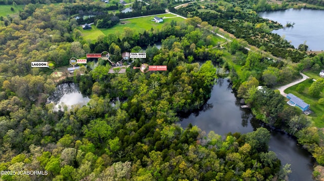 birds eye view of property with a water view and a wooded view
