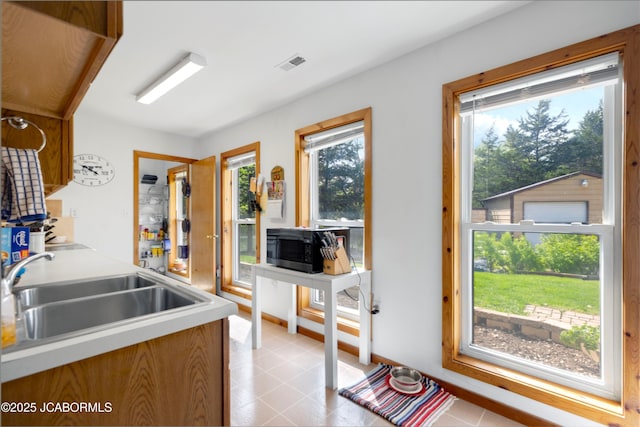 kitchen featuring light countertops, a sink, visible vents, and a wealth of natural light