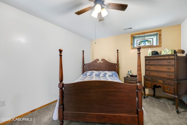 bedroom featuring baseboards, ceiling fan, carpet, and visible vents