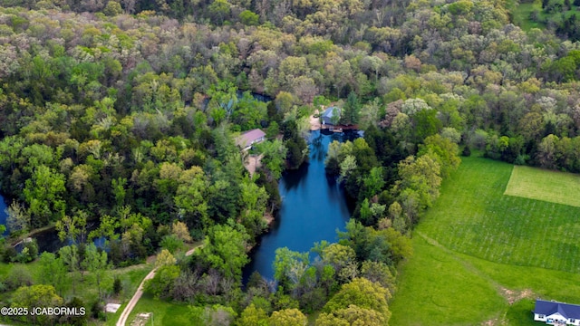 drone / aerial view with a water view and a view of trees