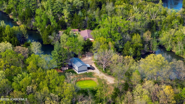 bird's eye view featuring a water view and a forest view