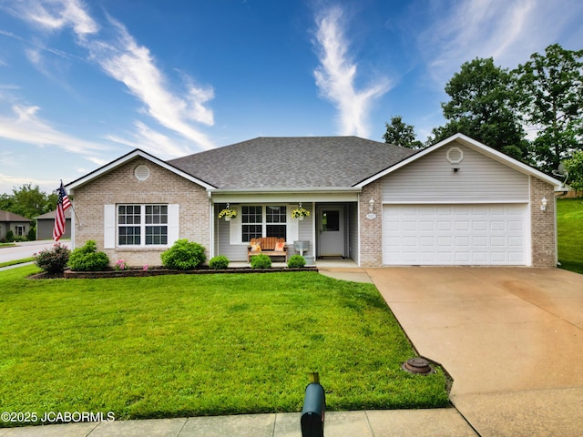 5112 Melissa Dr, Columbia, MO 65202 - view of front of home with brick siding, covered porch, a front yard, and a garage