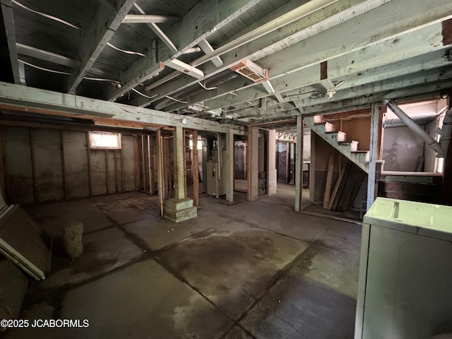 204 Havana St, Jefferson City, MO 65109 - below grade area with washer / clothes dryer, stairway, and heating unit