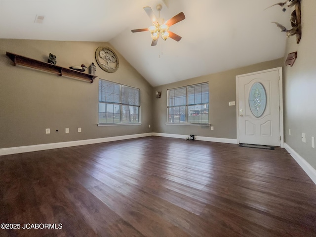 foyer with high vaulted ceiling, baseboards, ceiling fan, and wood finished floors