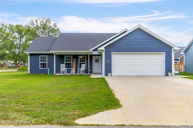 single story home featuring roof with shingles, a porch, concrete driveway, an attached garage, and a front lawn