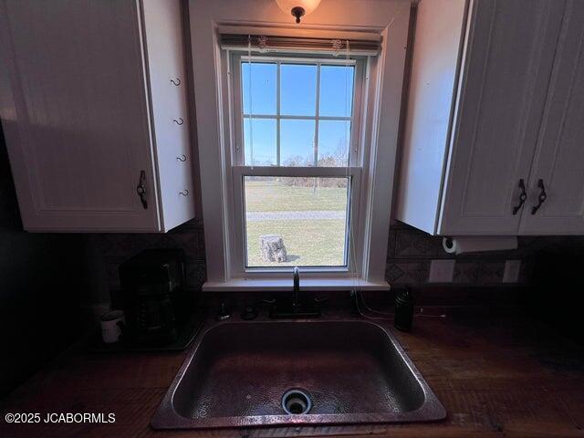kitchen view of white cabinets, a sink, and tasteful backsplash