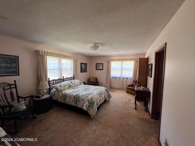 carpeted bedroom featuring multiple windows and a textured ceiling