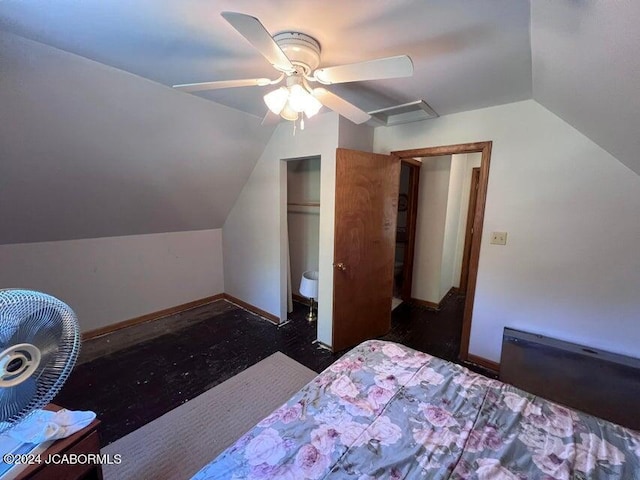 bedroom with ceiling fan and lofted ceiling