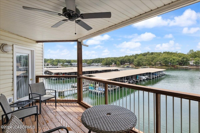 wooden terrace featuring ceiling fan and a water view