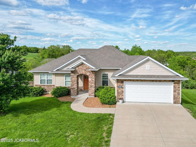 view of front of property with stone siding, concrete driveway, a front lawn, a garage, and a shingled roof