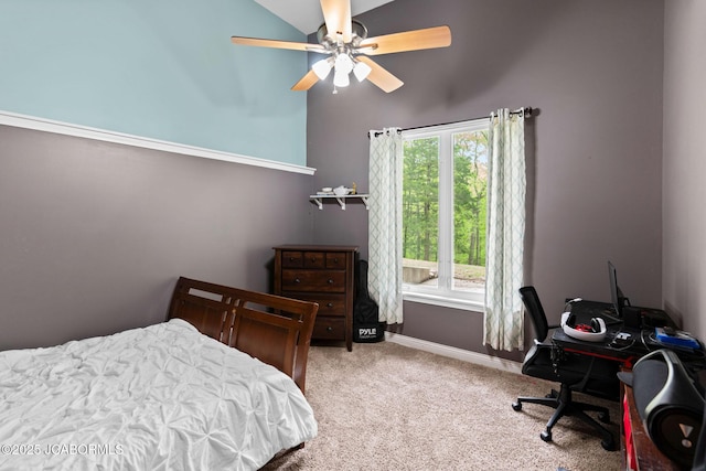 bedroom featuring baseboards, carpet flooring, ceiling fan, and high vaulted ceiling