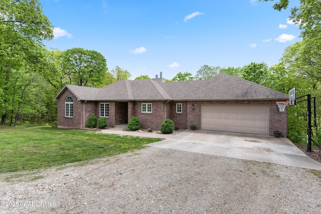 ranch-style home featuring a front yard, roof with shingles, brick siding, concrete driveway, and an attached garage
