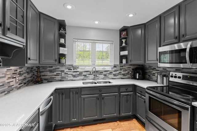 kitchen with gray cabinets, open shelves, a sink, and stainless steel appliances