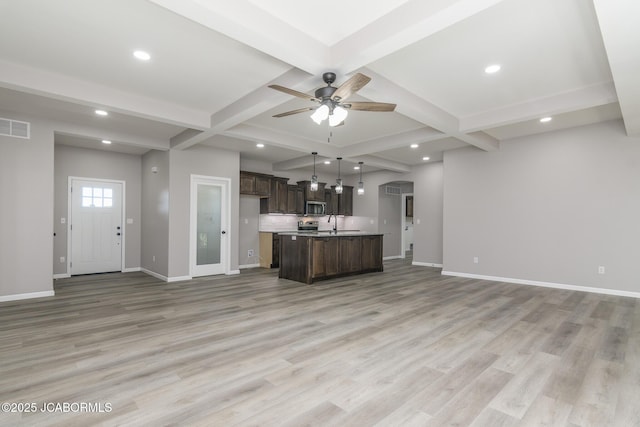 1502 Summerfield Dr, Jefferson City, MO 65109 - kitchen featuring open floor plan, coffered ceiling, dark brown cabinetry, stainless steel microwave, and baseboards