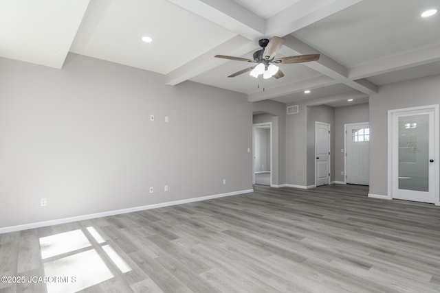 1502 Summerfield Dr, Jefferson City, MO 65109 - empty room with beam ceiling, ceiling fan, baseboards, recessed lighting, and light wood-type flooring