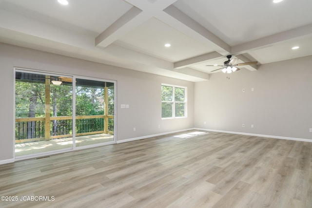 1502 Summerfield Dr, Jefferson City, MO 65109 - empty room with baseboards, ceiling fan, beam ceiling, light wood-style floors, and recessed lighting