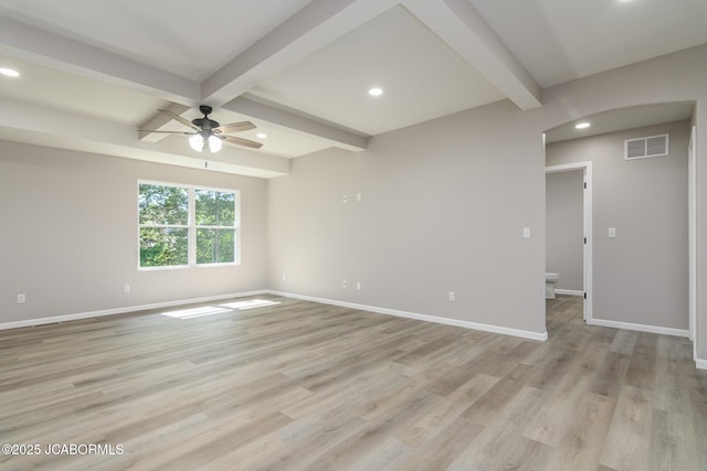 1502 Summerfield Dr, Jefferson City, MO 65109 - unfurnished room featuring baseboards, beamed ceiling, ceiling fan, recessed lighting, and light wood-style floors