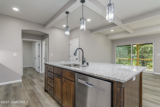 1502 Summerfield Dr, Jefferson City, MO 65109 - kitchen featuring dishwasher, a sink, beamed ceiling, light wood finished floors, and recessed lighting