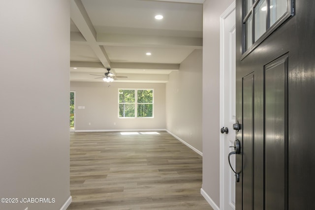 1502 Summerfield Dr, Jefferson City, MO 65109 - entryway featuring beamed ceiling, baseboards, recessed lighting, light wood-type flooring, and a ceiling fan