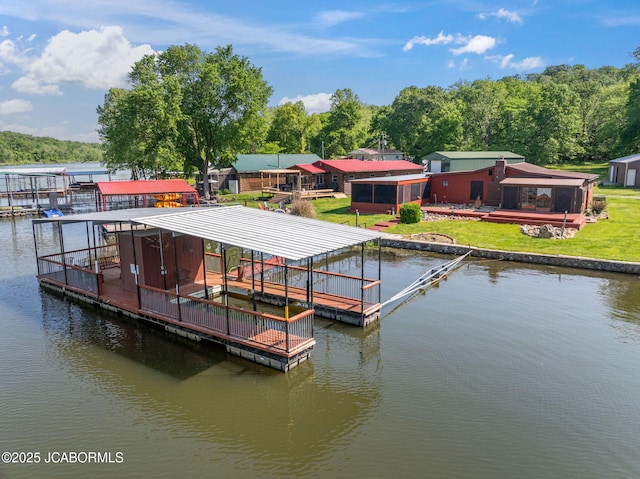 24671 Gardner Rd, Versailles, MO 65084 - dock area featuring boat lift, a water view, and a forest view