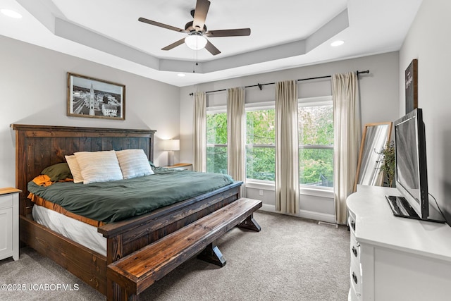 109 Redtail Dr, Ashland, MO 65010 - bedroom featuring light colored carpet, a raised ceiling, recessed lighting, and a ceiling fan