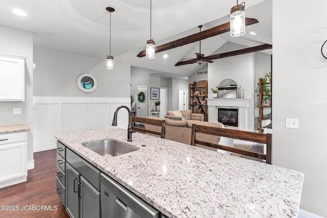 109 Redtail Dr, Ashland, MO 65010 - kitchen with stainless steel dishwasher, a ceiling fan, dark wood-style floors, a glass covered fireplace, and pendant lighting