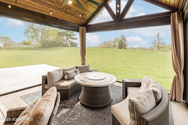 view of patio / terrace featuring outdoor lounge area, a ceiling fan, and a gazebo