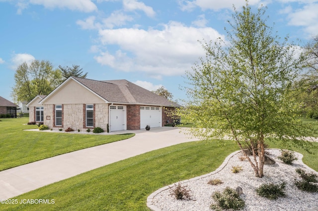 view of front facade with a garage, stone siding, a front yard, and concrete driveway